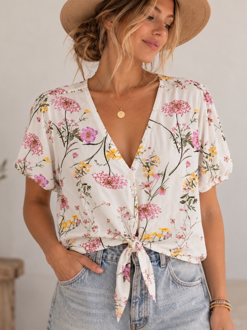 VERO MODA Floral Tie-Front V-Neck Blouse